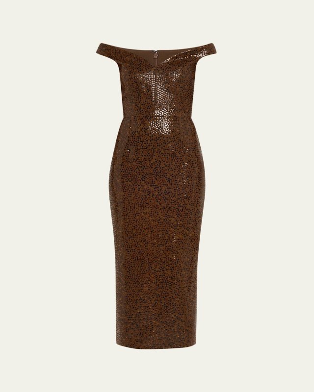 Hand Embellished Faux Tortoise Off-the-Shoulder Sheath Dress